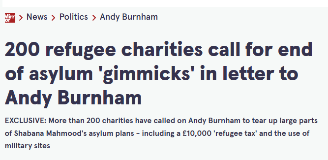 Headline from The Mirror newspaper reads "200 refugee charities call for end of asylum "gimmicks" in letter to Andy Burnham