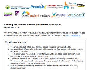 Headline surrounded by logos of asylum charities reads "briefing for MPs on earned settlement proposals"