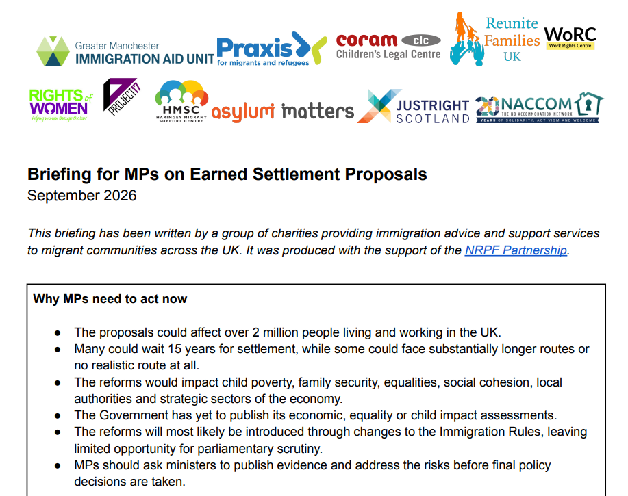 Headline surrounded by logos of asylum charities reads "briefing for MPs on earned settlement proposals"